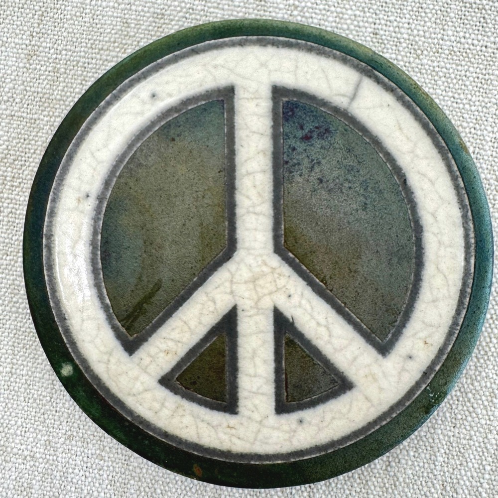 Jeremy Diller Raku Pottery Peace Sign Coaster Trivet Signed Handmade 4"
